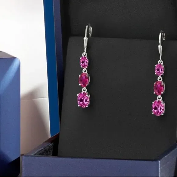 925 Sterling Silver with 6.00 Cttw 3 Stone Pink Sapphire and Ruby Drop Earrings